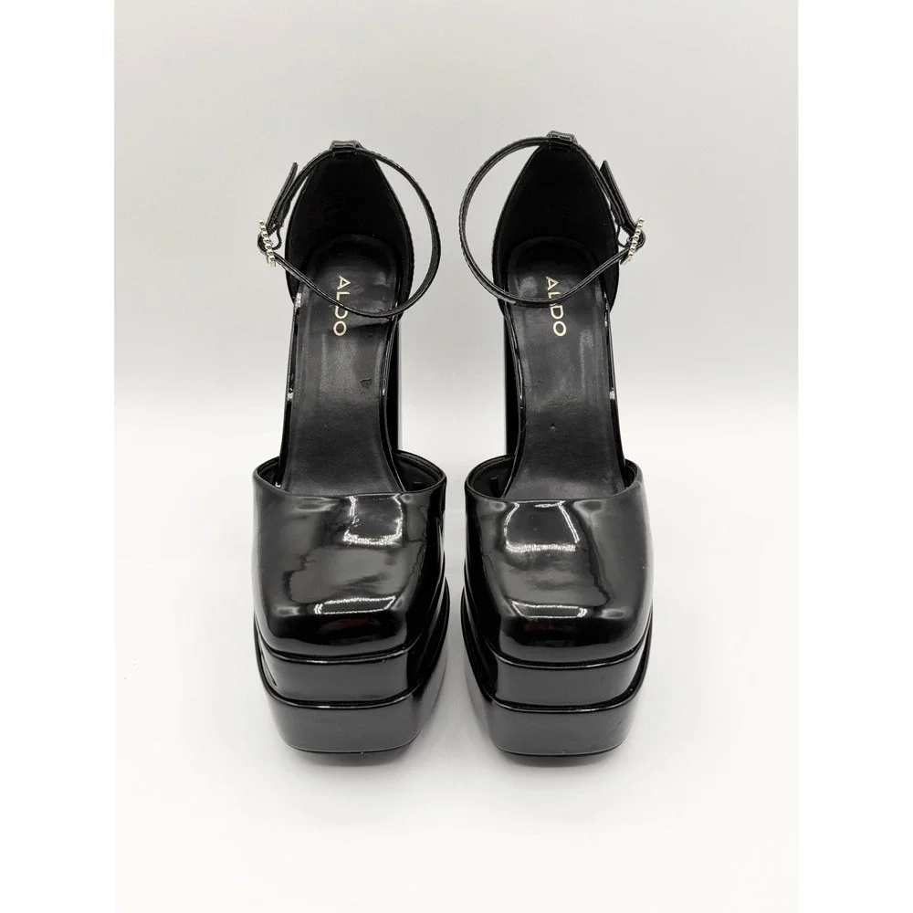 Aldo Grandle Black Patent Double Platform Mary Jane Pumps Block Heel Y2K 7.5